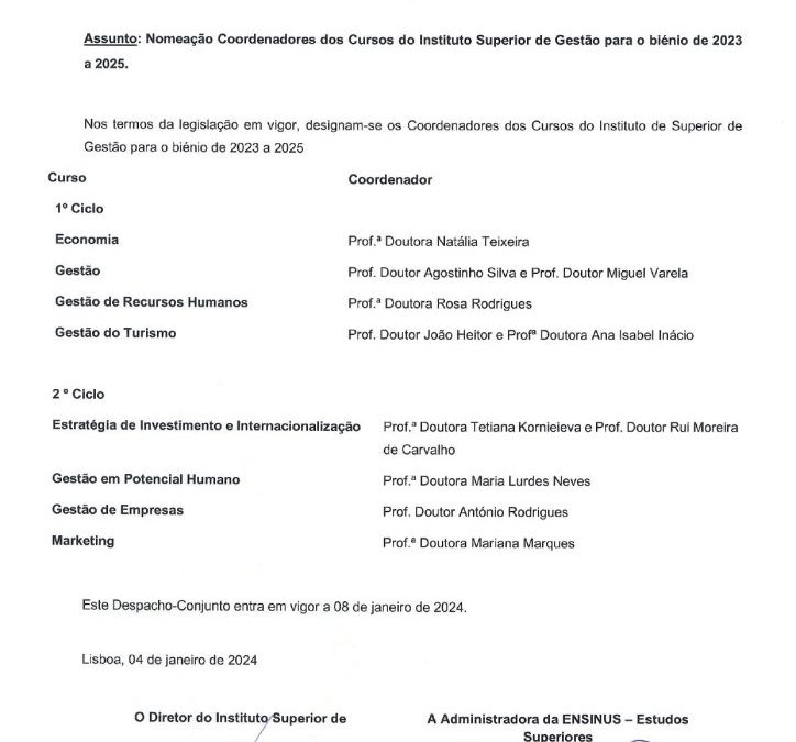 Nomeação Coordenadores dos Cursos do Instituto Superior de Gestão para o biénio de 2023 a 2025