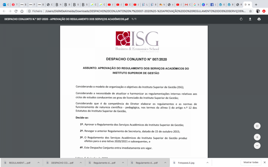 DESPACHO CONJUNTO N.º 007-2020 – APROVAÇÃO DO REGULAMENTO DOS SERVIÇOS ACADÉMICOS